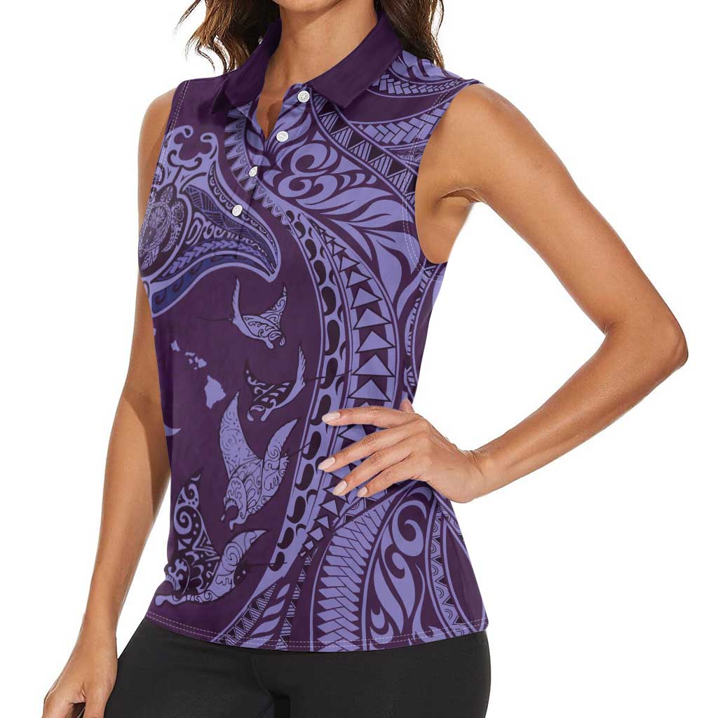 Hawaiian Manta Ray and Polynesian Tribal Tattoo Women Sleeveless Polo Shirt Purple Color LT03