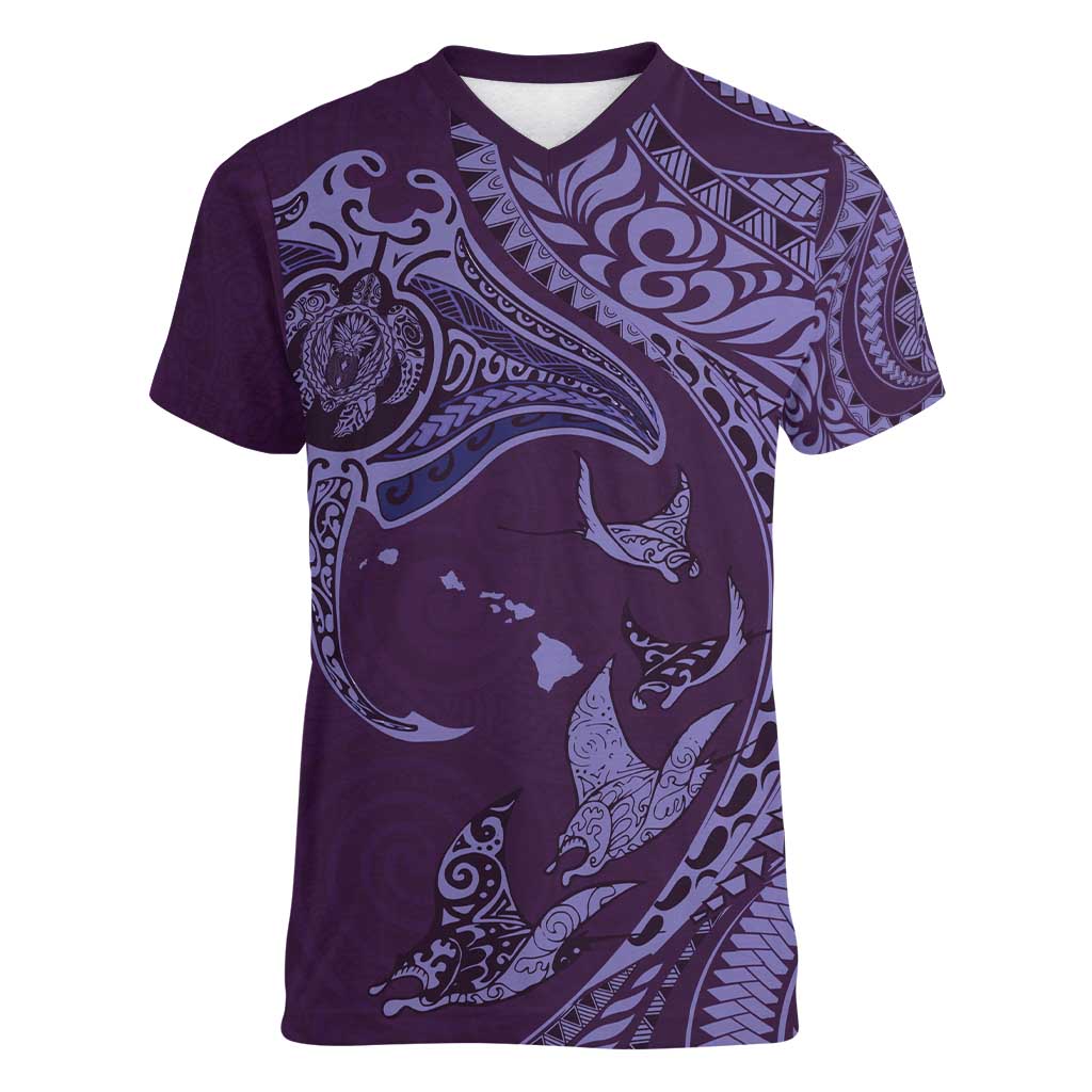Hawaiian Manta Ray and Polynesian Tribal Tattoo Women V-Neck T-Shirt Purple Color LT03