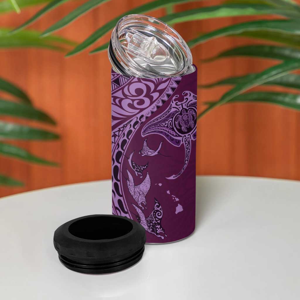 Hawaiian Manta Ray and Polynesian Tribal Tattoo 4 in 1 Can Cooler Tumbler Pink Color
