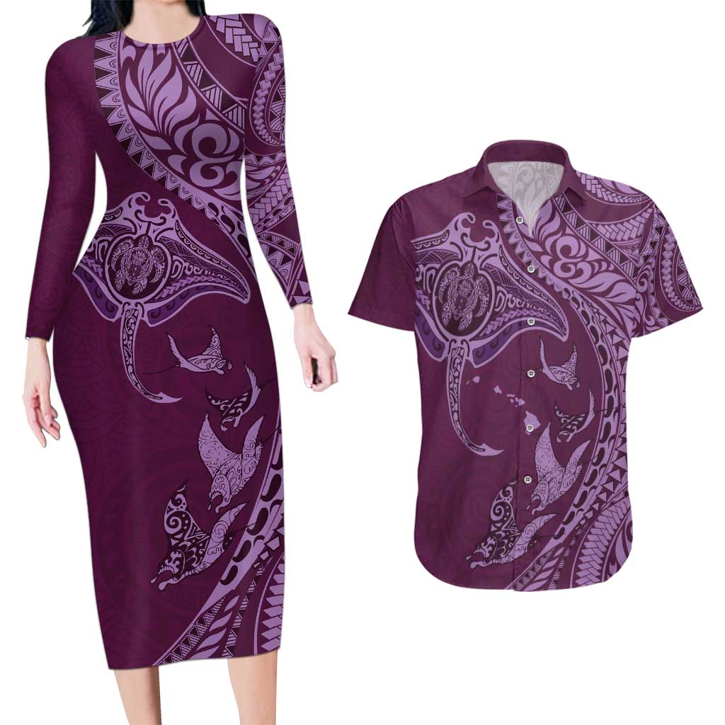 Hawaiian Manta Ray and Polynesian Tribal Tattoo Couples Matching Long Sleeve Bodycon Dress and Hawaiian Shirt Pink Color LT03