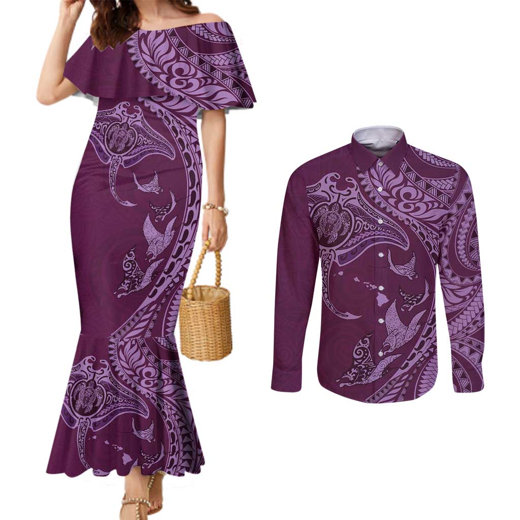 Hawaiian Manta Ray and Polynesian Tribal Tattoo Couples Matching Mermaid Dress and Long Sleeve Button Shirt Pink Color LT03