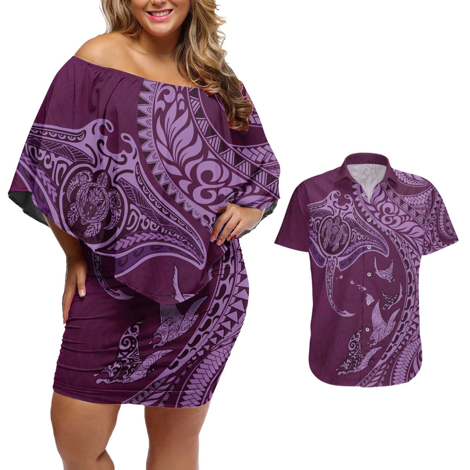 Hawaiian Manta Ray and Polynesian Tribal Tattoo Couples Matching Off Shoulder Short Dress and Hawaiian Shirt Pink Color LT03 Pink - Polynesian Pride