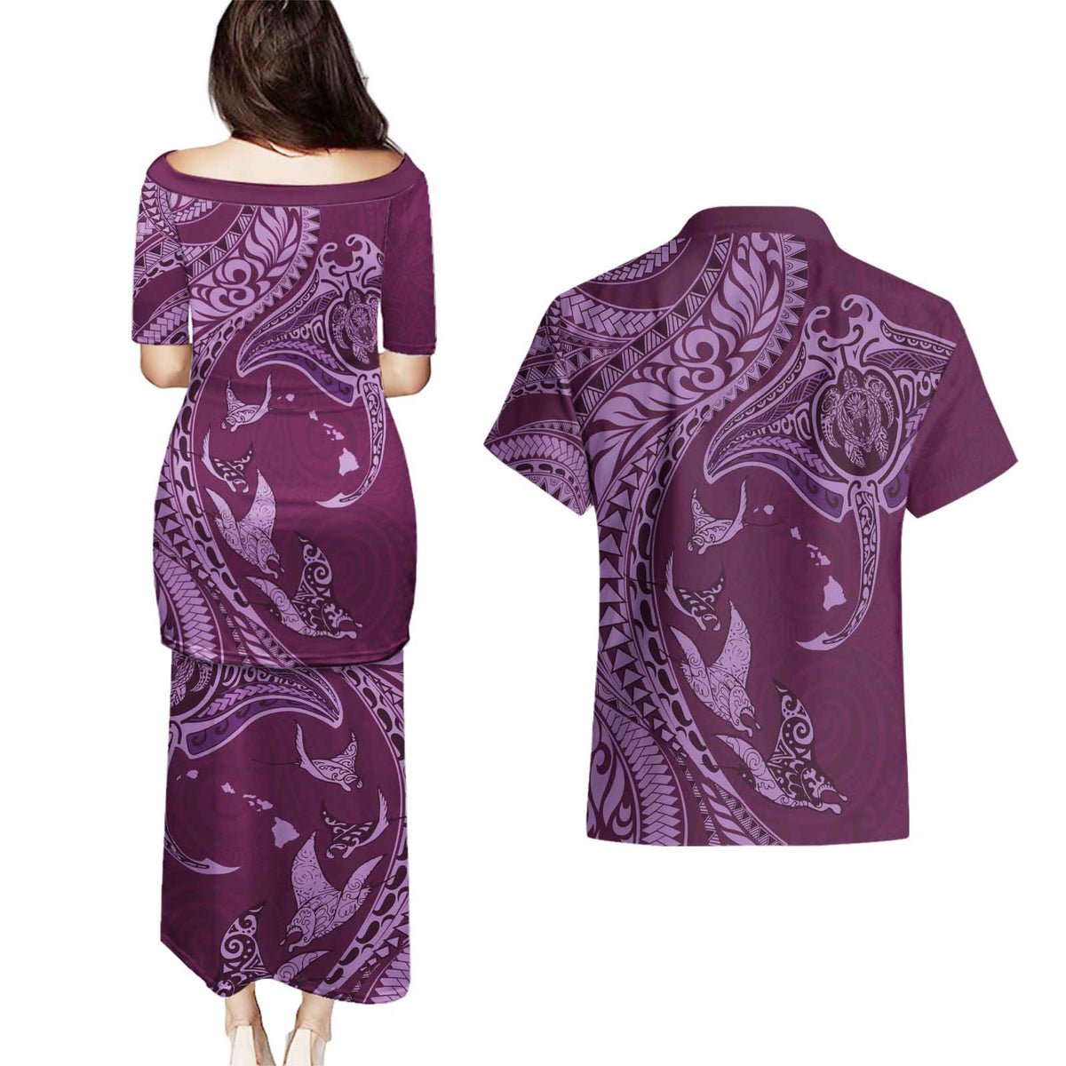 Hawaiian Manta Ray and Polynesian Tribal Tattoo Couples Matching Puletasi and Hawaiian Shirt Pink Color LT03