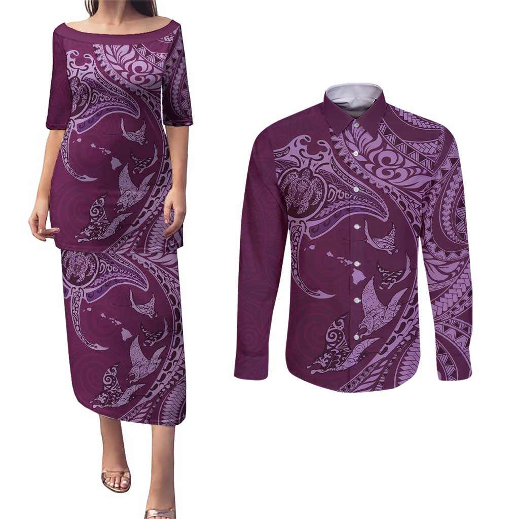 Hawaiian Manta Ray and Polynesian Tribal Tattoo Couples Matching Puletasi and Long Sleeve Button Shirt Pink Color LT03 Pink - Polynesian Pride