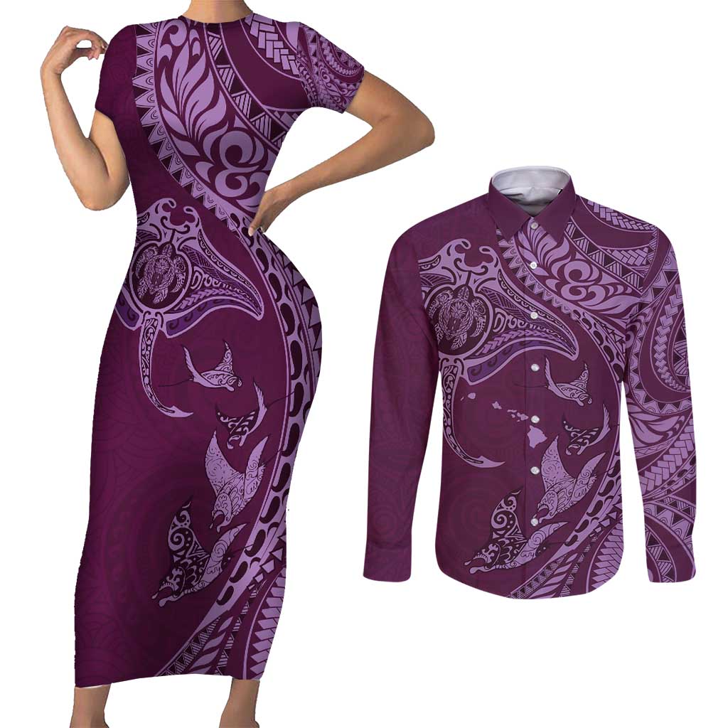 Hawaiian Manta Ray and Polynesian Tribal Tattoo Couples Matching Short Sleeve Bodycon Dress and Long Sleeve Button Shirt Pink Color LT03 Pink - Polynesian Pride