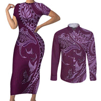 Hawaiian Manta Ray and Polynesian Tribal Tattoo Couples Matching Short Sleeve Bodycon Dress and Long Sleeve Button Shirt Pink Color LT03 Pink - Polynesian Pride