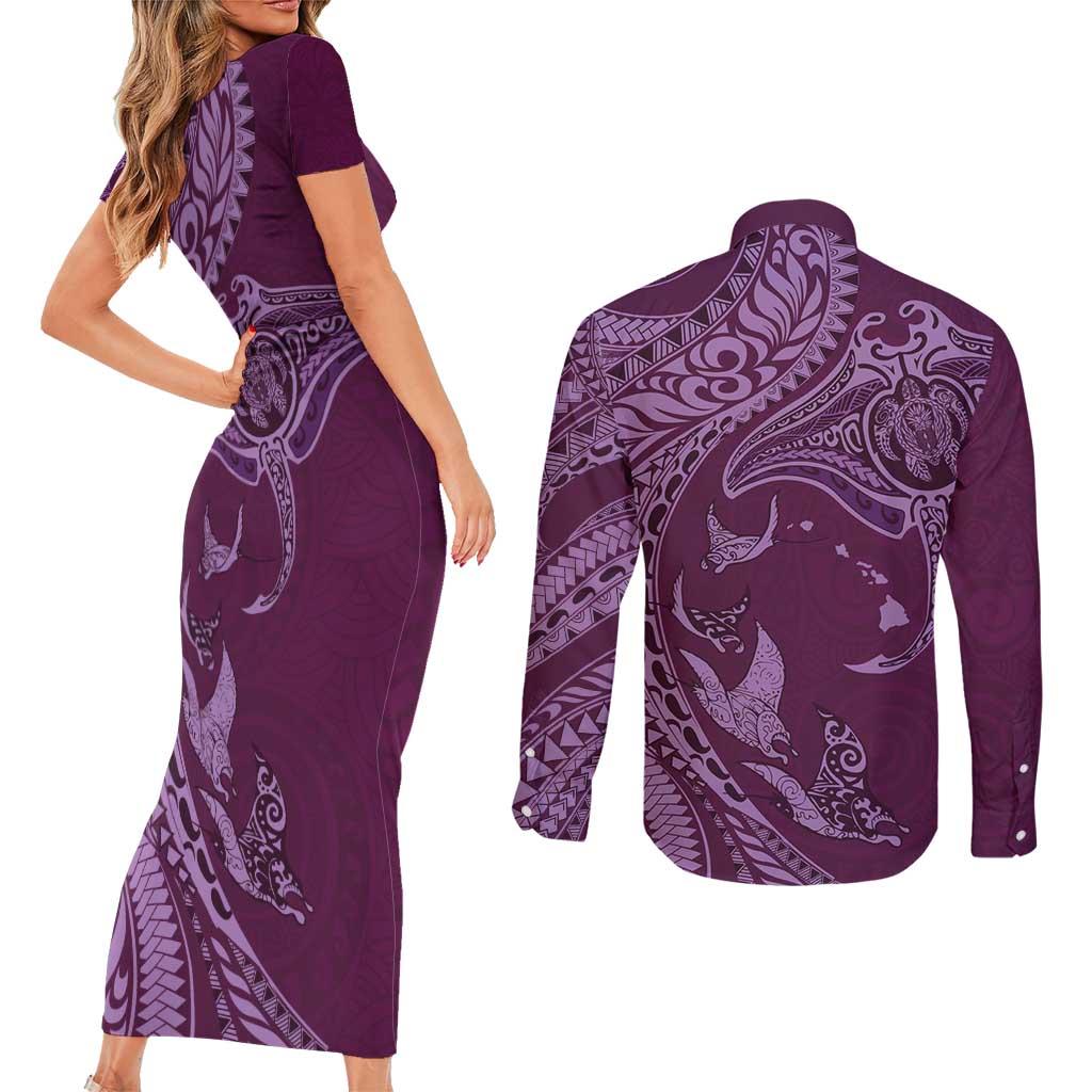 Hawaiian Manta Ray and Polynesian Tribal Tattoo Couples Matching Short Sleeve Bodycon Dress and Long Sleeve Button Shirt Pink Color LT03 - Polynesian Pride