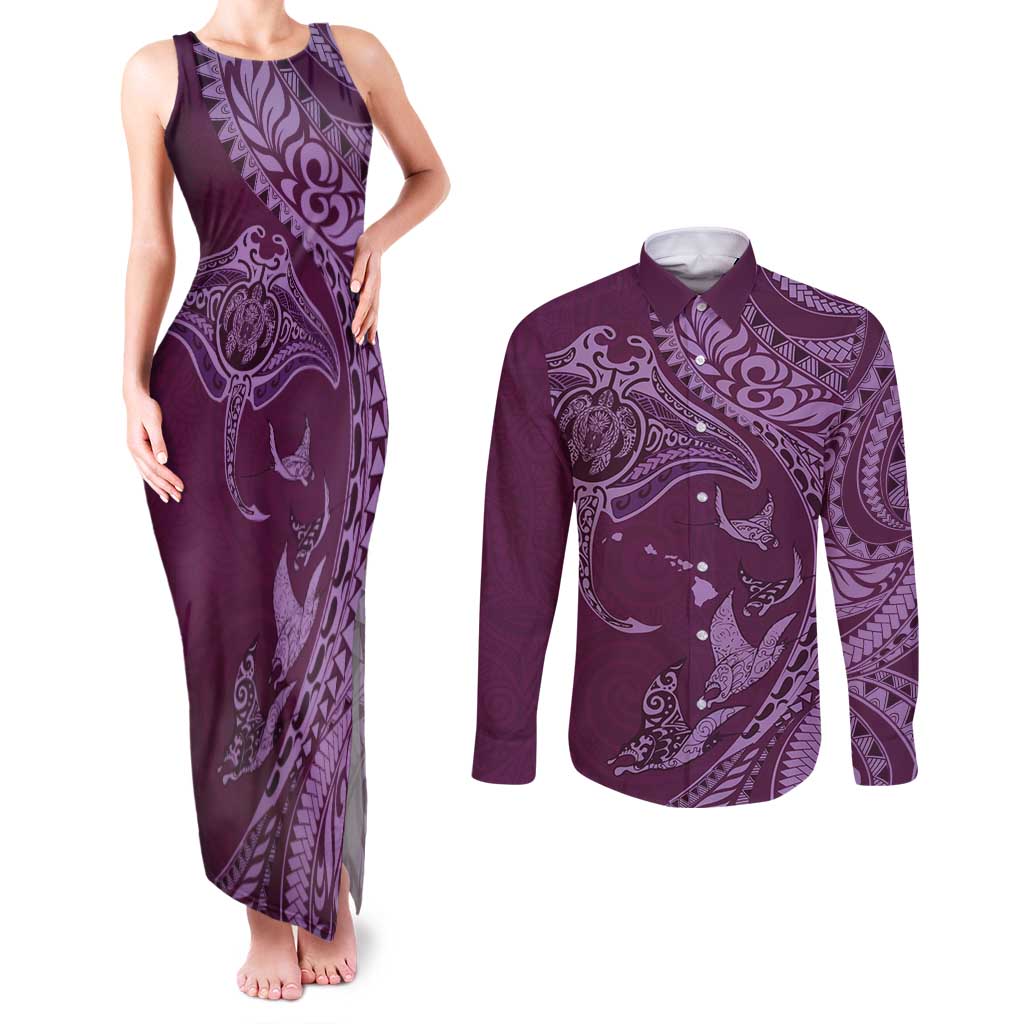 Hawaiian Manta Ray and Polynesian Tribal Tattoo Couples Matching Tank Maxi Dress and Long Sleeve Button Shirt Pink Color LT03