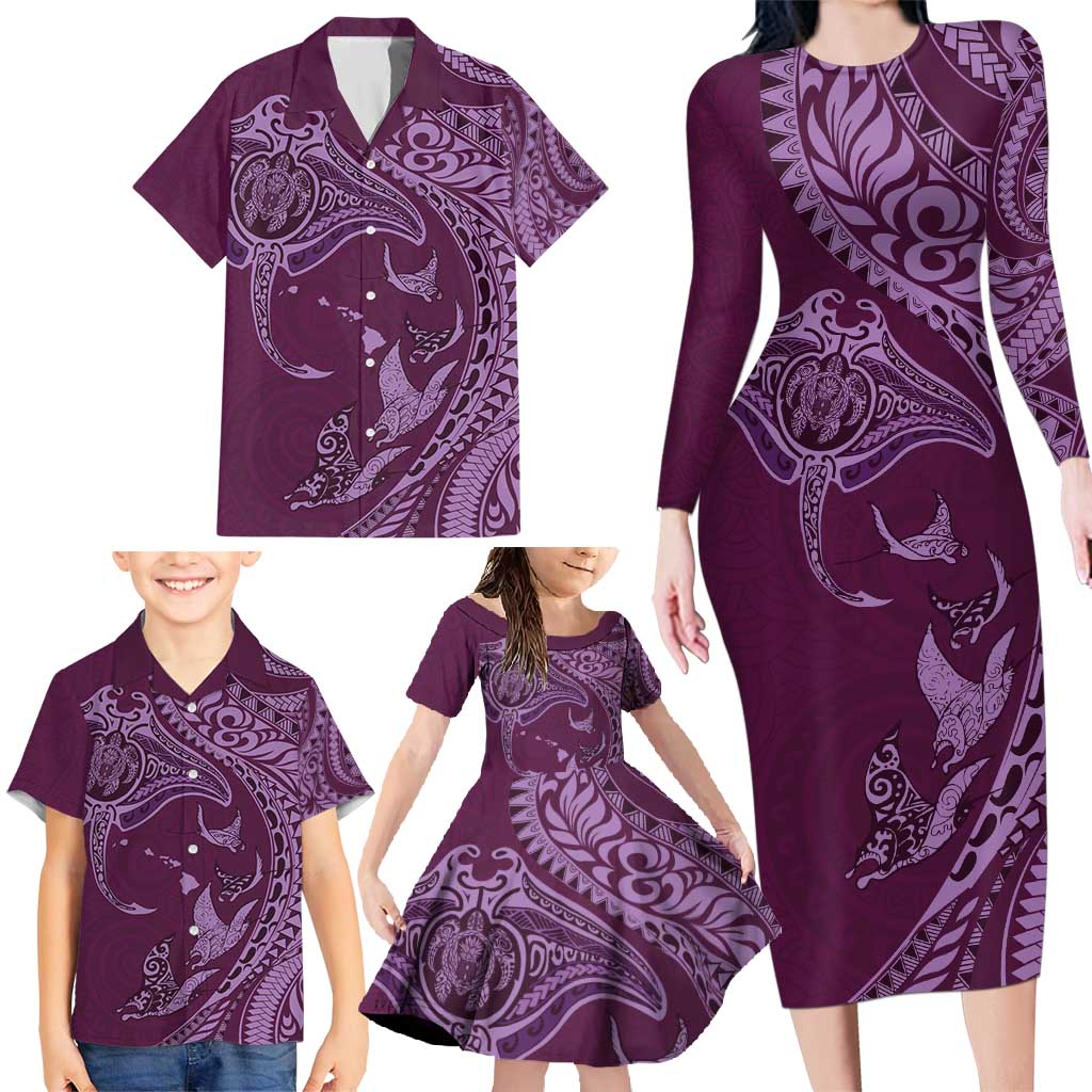 Hawaiian Manta Ray and Polynesian Tribal Tattoo Family Matching Long Sleeve Bodycon Dress and Hawaiian Shirt Pink Color LT03