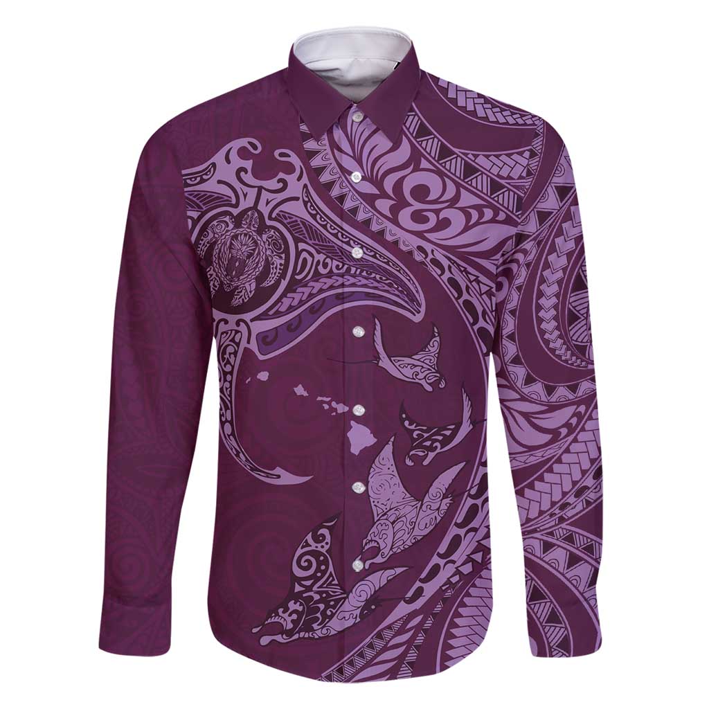 Hawaiian Manta Ray and Polynesian Tribal Tattoo Family Matching Long Sleeve Bodycon Dress and Hawaiian Shirt Pink Color LT03