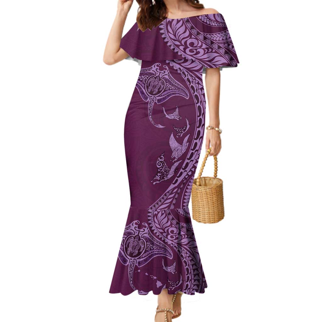 Hawaiian Manta Ray and Polynesian Tribal Tattoo Family Matching Mermaid Dress and Hawaiian Shirt Pink Color LT03