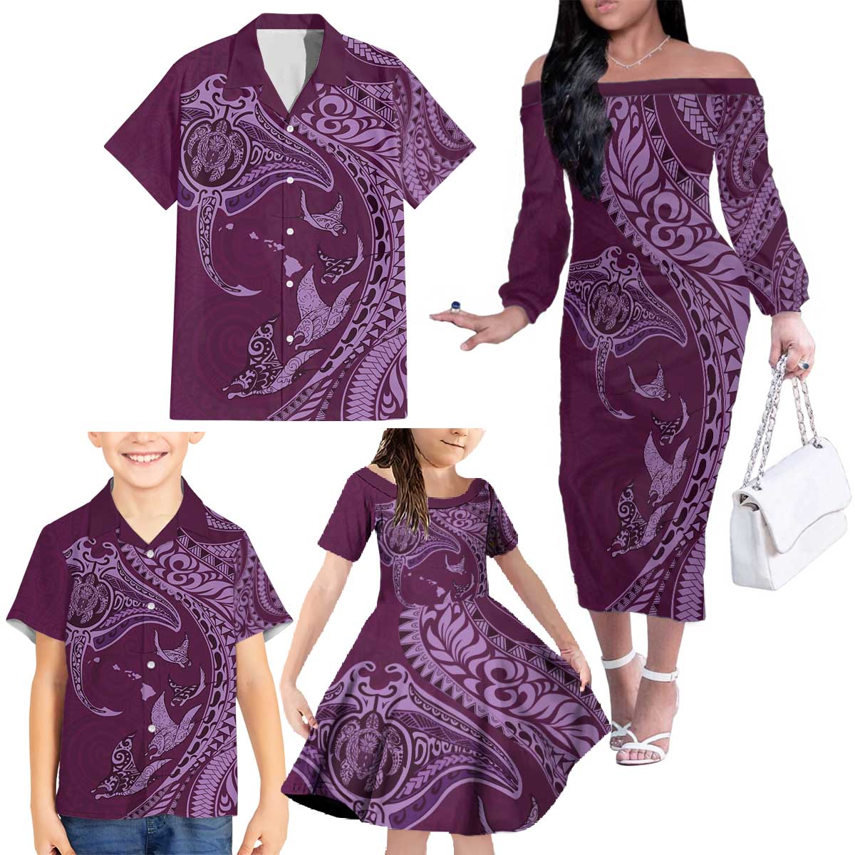 Hawaiian Manta Ray and Polynesian Tribal Tattoo Family Matching Off The Shoulder Long Sleeve Dress and Hawaiian Shirt Pink Color LT03