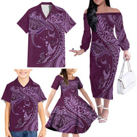 Hawaiian Manta Ray and Polynesian Tribal Tattoo Family Matching Off The Shoulder Long Sleeve Dress and Hawaiian Shirt Pink Color LT03