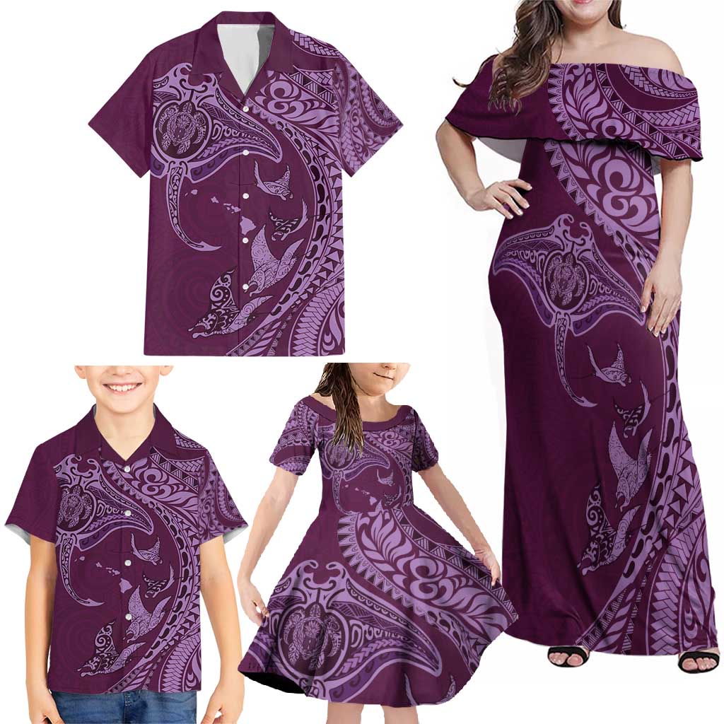 Hawaiian Manta Ray and Polynesian Tribal Tattoo Family Matching Off Shoulder Maxi Dress and Hawaiian Shirt Pink Color LT03