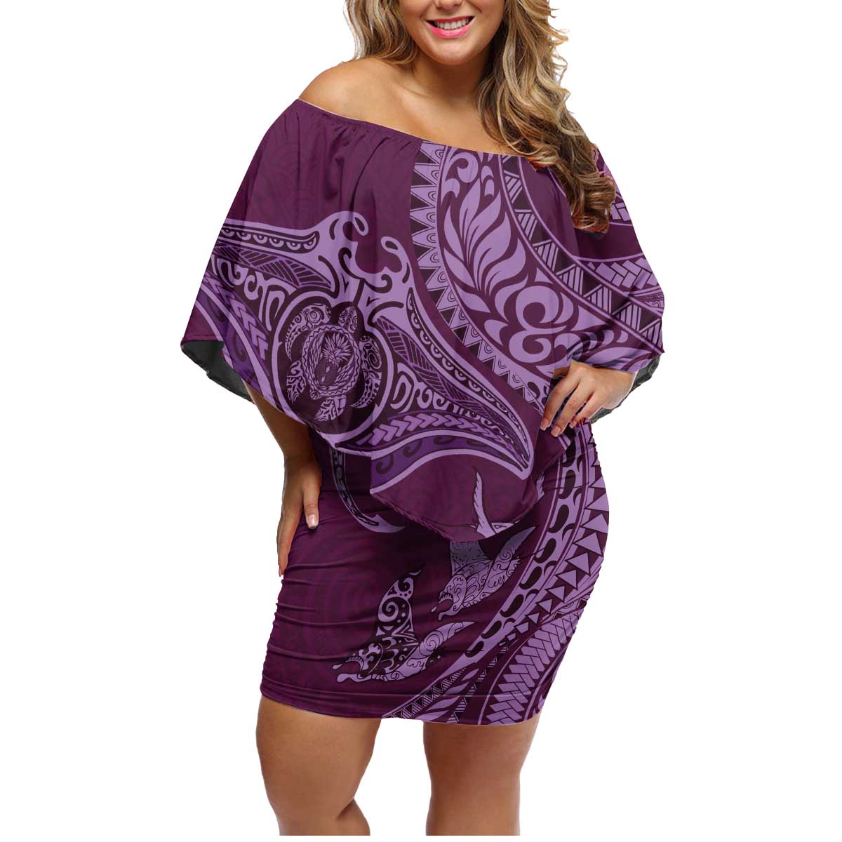 Hawaiian Manta Ray and Polynesian Tribal Tattoo Family Matching Off Shoulder Short Dress and Hawaiian Shirt Pink Color LT03