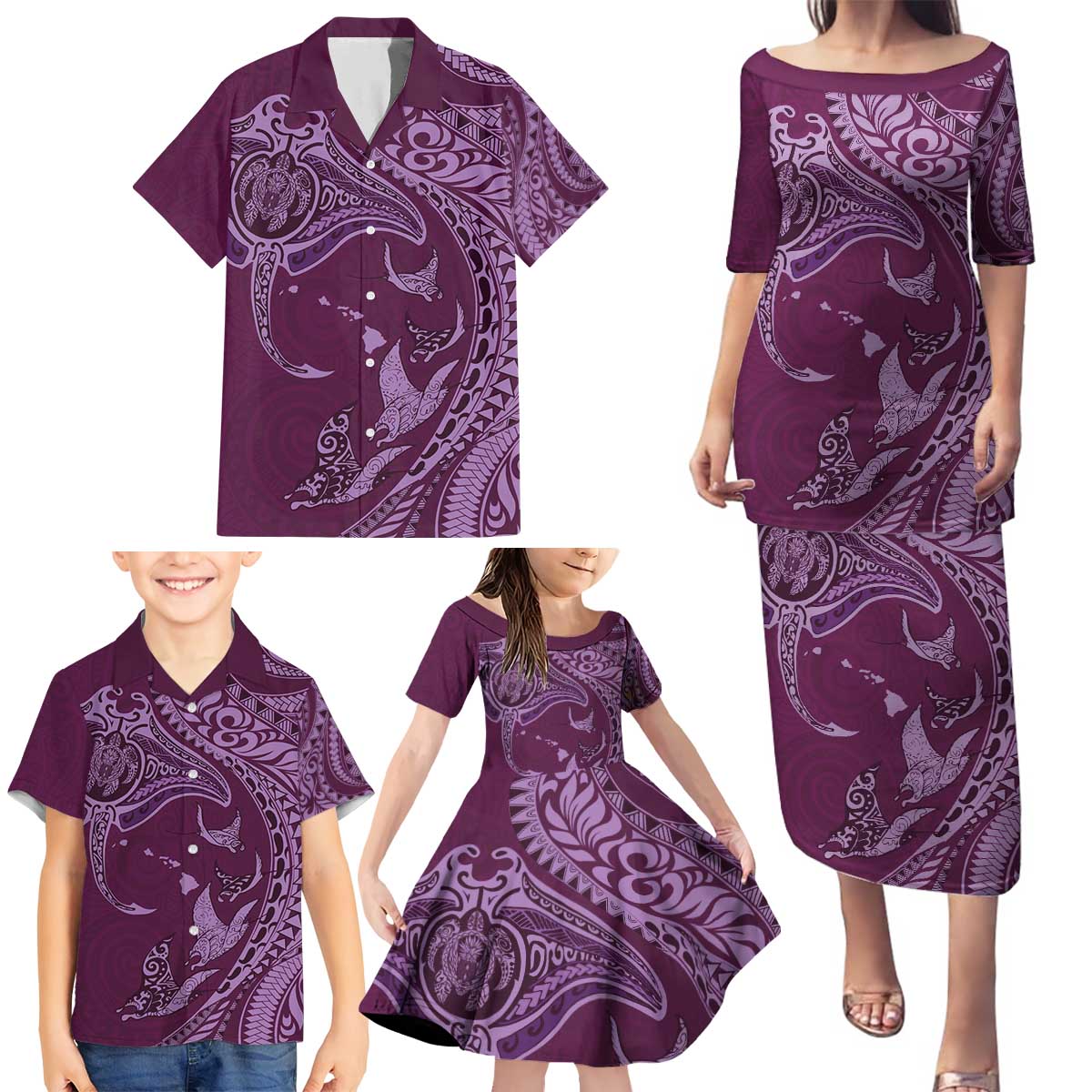 Hawaiian Manta Ray and Polynesian Tribal Tattoo Family Matching Puletasi and Hawaiian Shirt Pink Color LT03