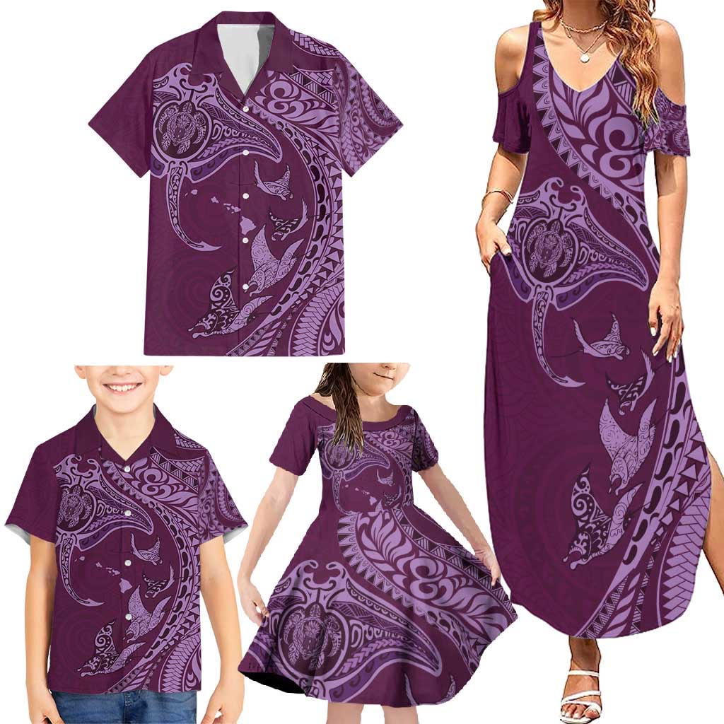 Hawaiian Manta Ray and Polynesian Tribal Tattoo Family Matching Summer Maxi Dress and Hawaiian Shirt Pink Color LT03