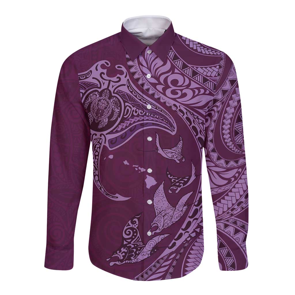 Hawaiian Manta Ray and Polynesian Tribal Tattoo Long Sleeve Button Shirt Pink Color LT03