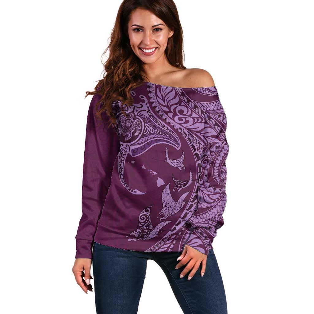 Hawaiian Manta Ray and Polynesian Tribal Tattoo Off Shoulder Sweater Pink Color LT03