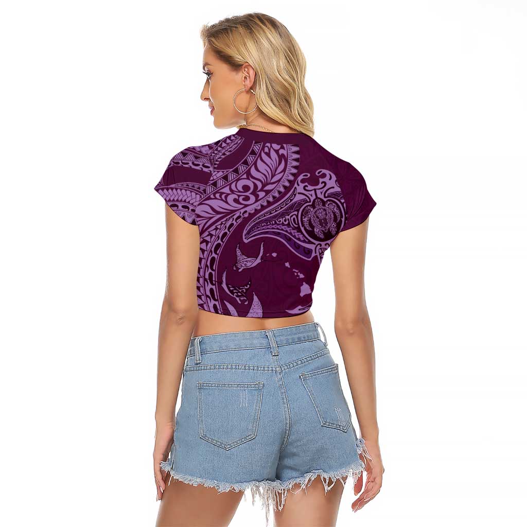 Hawaiian Manta Ray and Polynesian Tribal Tattoo Raglan Cropped T Shirt Pink Color LT03