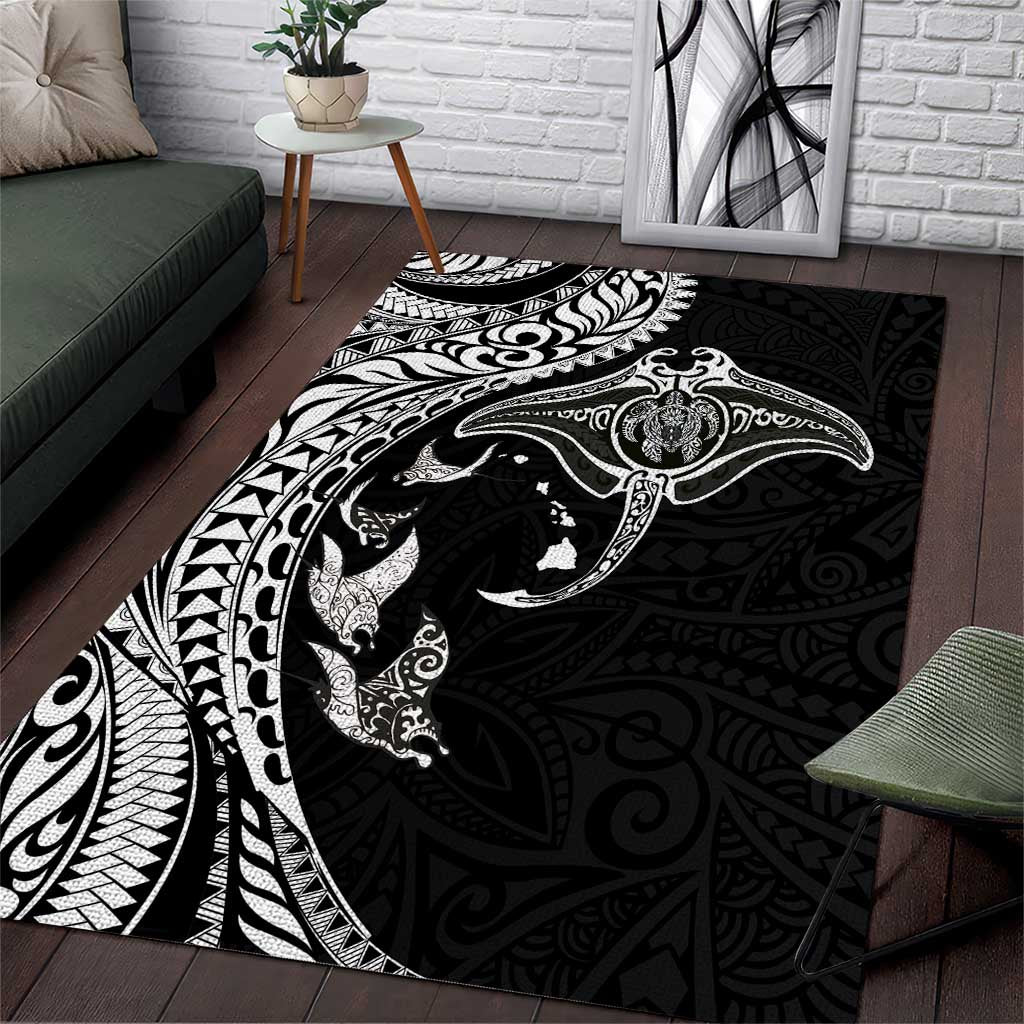 Hawaiian Manta Ray and Polynesian Tribal Tattoo Area Rug Black Color LT03