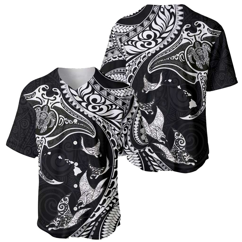 Hawaiian Manta Ray and Polynesian Tribal Tattoo Baseball Jersey Black Color LT03