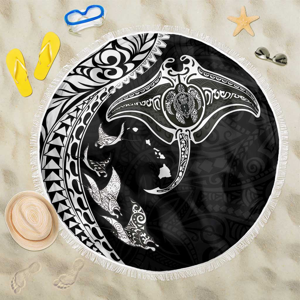 Hawaiian Manta Ray and Polynesian Tribal Tattoo Beach Blanket Black Color LT03 One Size 150cm Black - Polynesian Pride