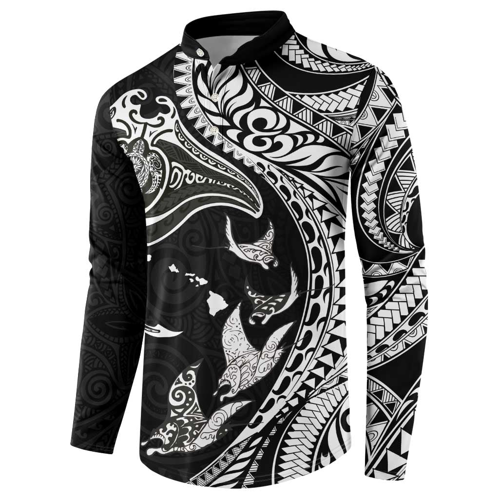 Hawaiian Manta Ray and Polynesian Tribal Tattoo Button Sweatshirt Black Color LT03 - Polynesian Pride