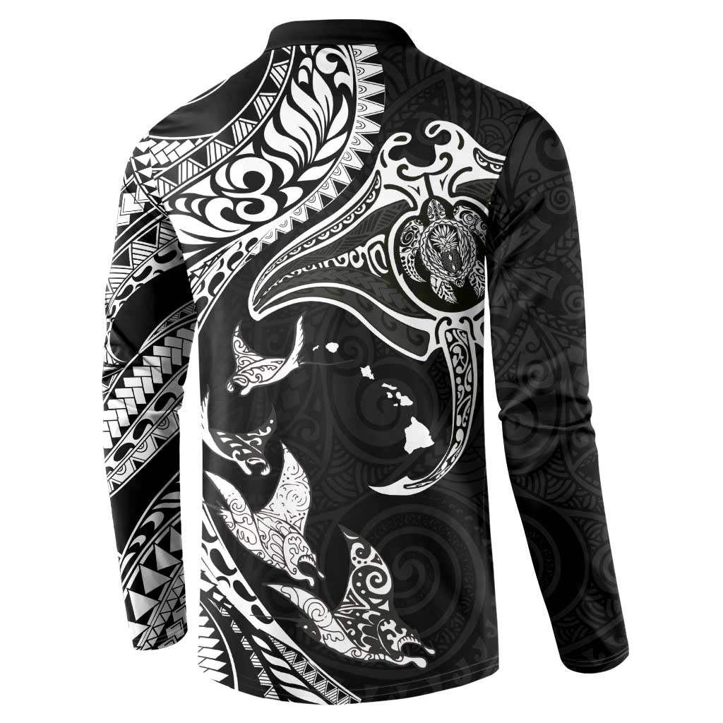 Hawaiian Manta Ray and Polynesian Tribal Tattoo Button Sweatshirt Black Color LT03 - Polynesian Pride