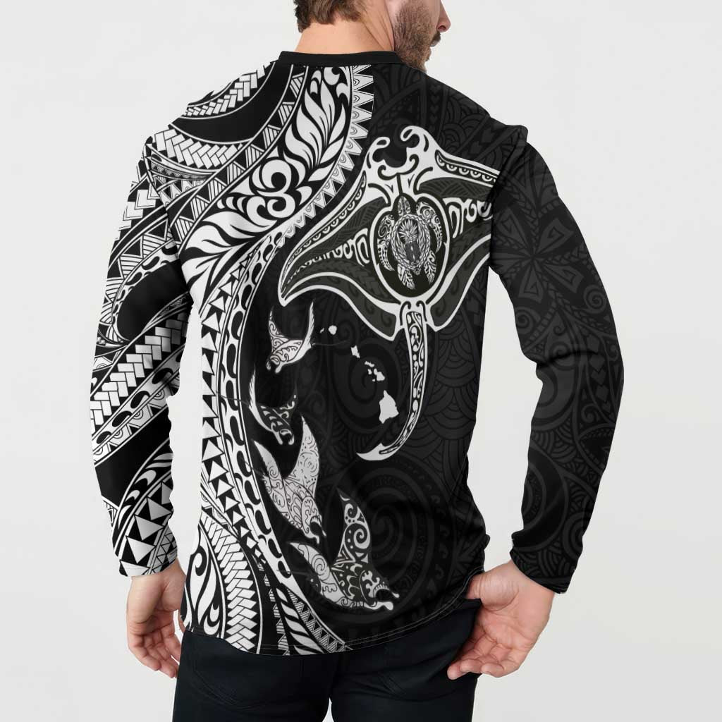 Hawaiian Manta Ray and Polynesian Tribal Tattoo Button Sweatshirt Black Color LT03 - Polynesian Pride