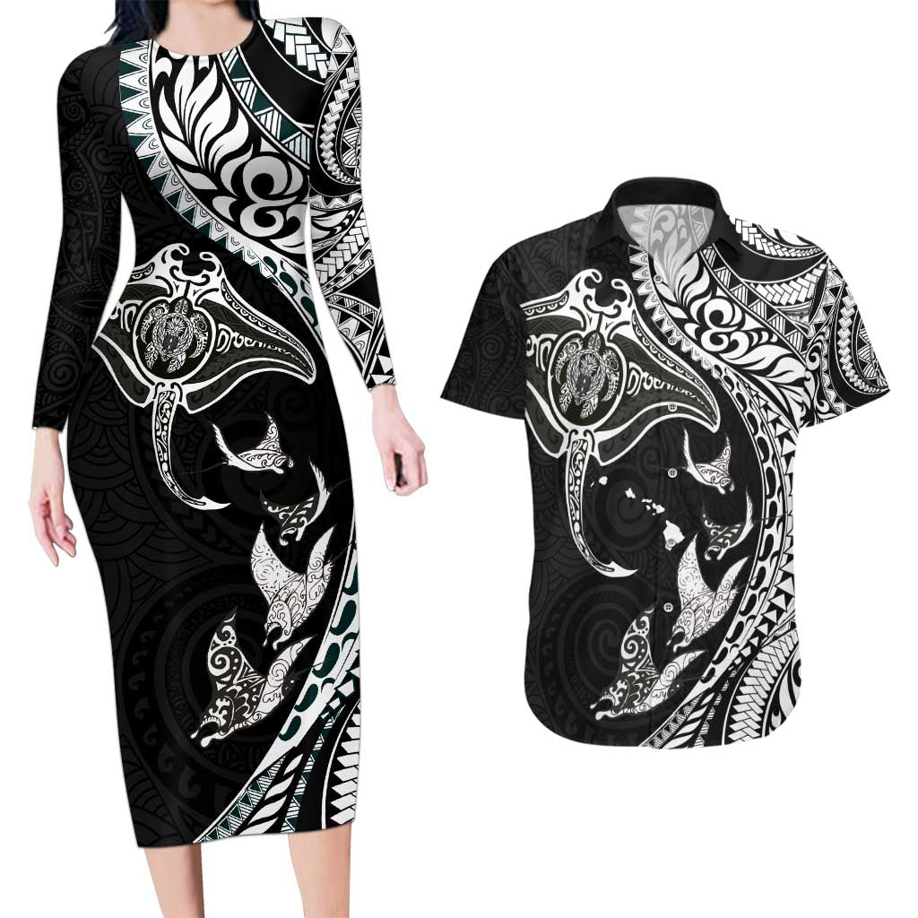 Hawaiian Manta Ray and Polynesian Tribal Tattoo Couples Matching Long Sleeve Bodycon Dress and Hawaiian Shirt Black Color LT03