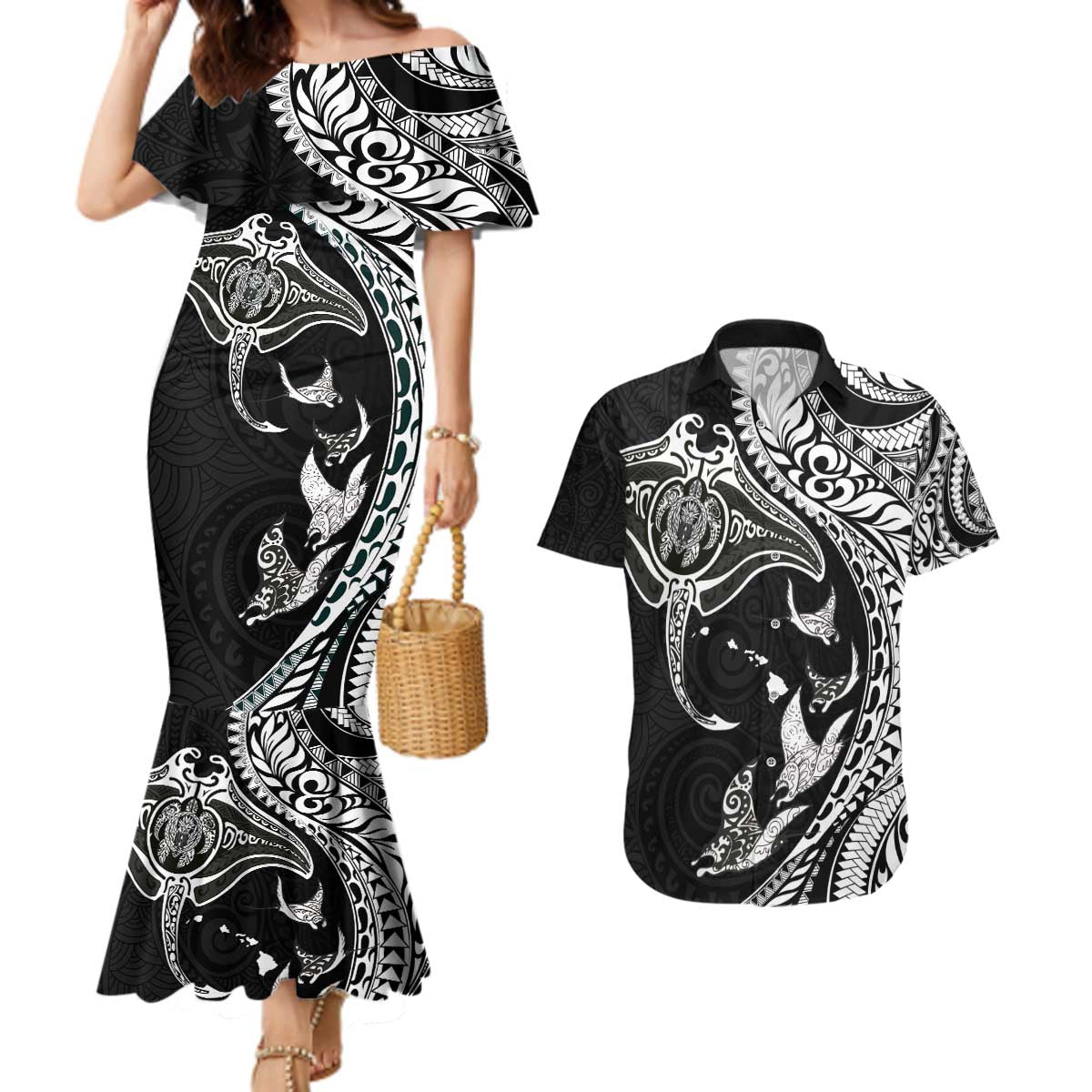 Hawaiian Manta Ray and Polynesian Tribal Tattoo Couples Matching Mermaid Dress and Hawaiian Shirt Black Color LT03