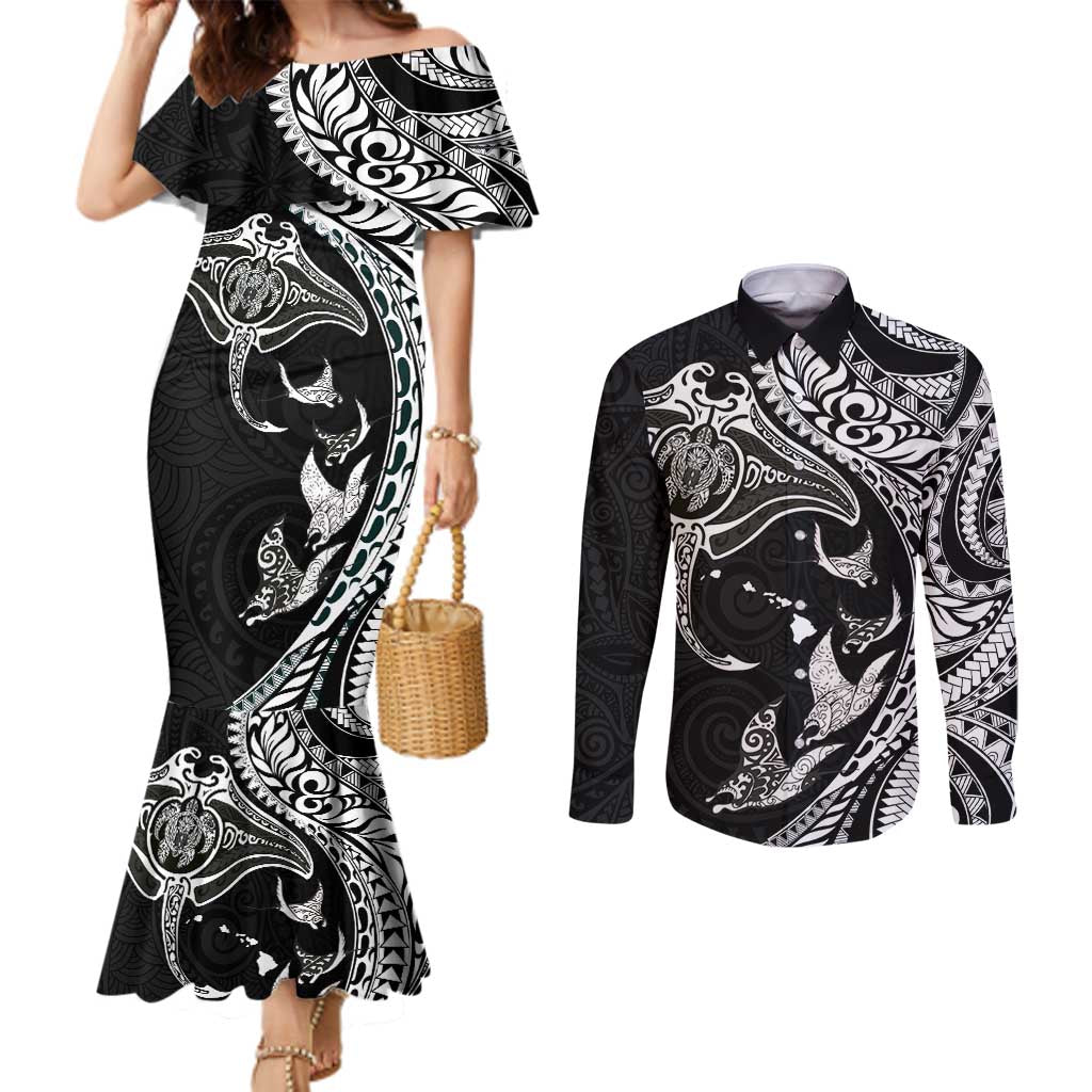 Hawaiian Manta Ray and Polynesian Tribal Tattoo Couples Matching Mermaid Dress and Long Sleeve Button Shirt Black Color LT03 Black - Polynesian Pride