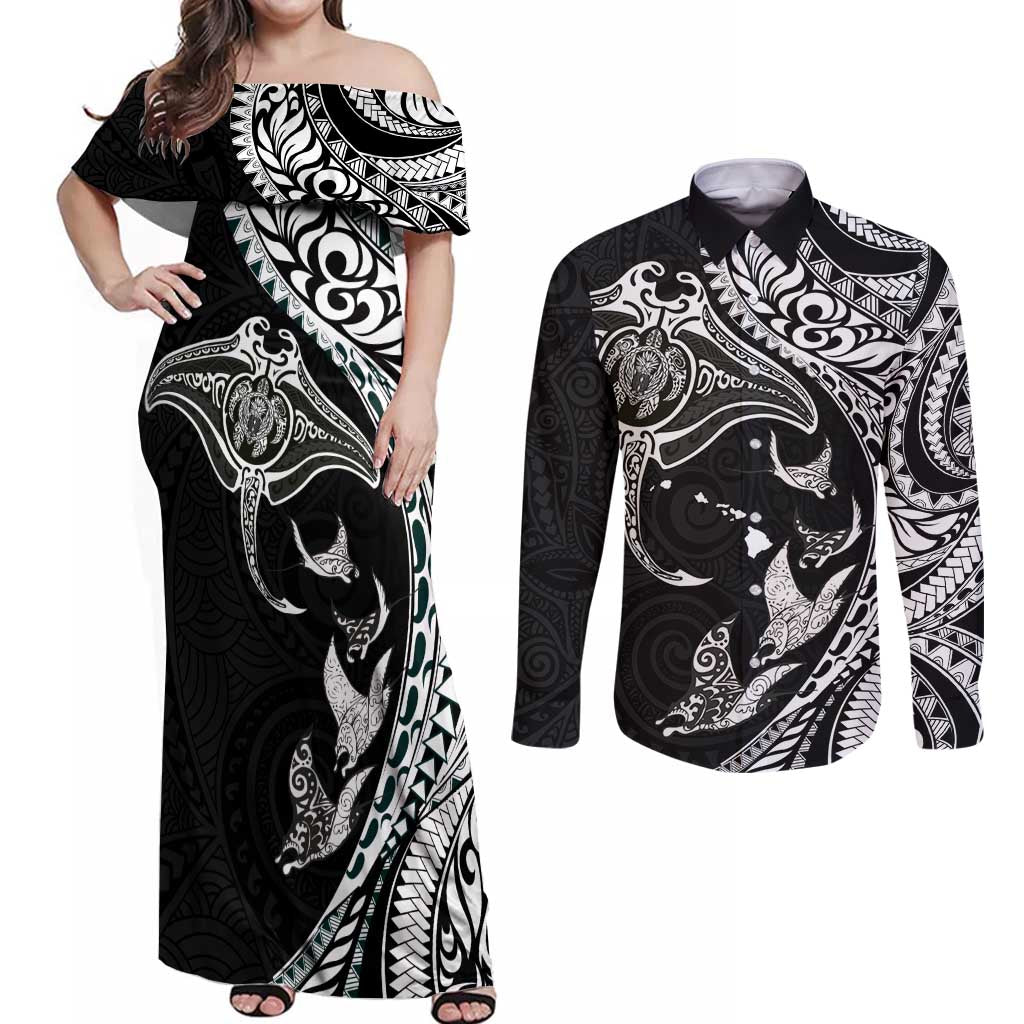 Hawaiian Manta Ray and Polynesian Tribal Tattoo Couples Matching Off Shoulder Maxi Dress and Long Sleeve Button Shirt Black Color LT03 Black - Polynesian Pride