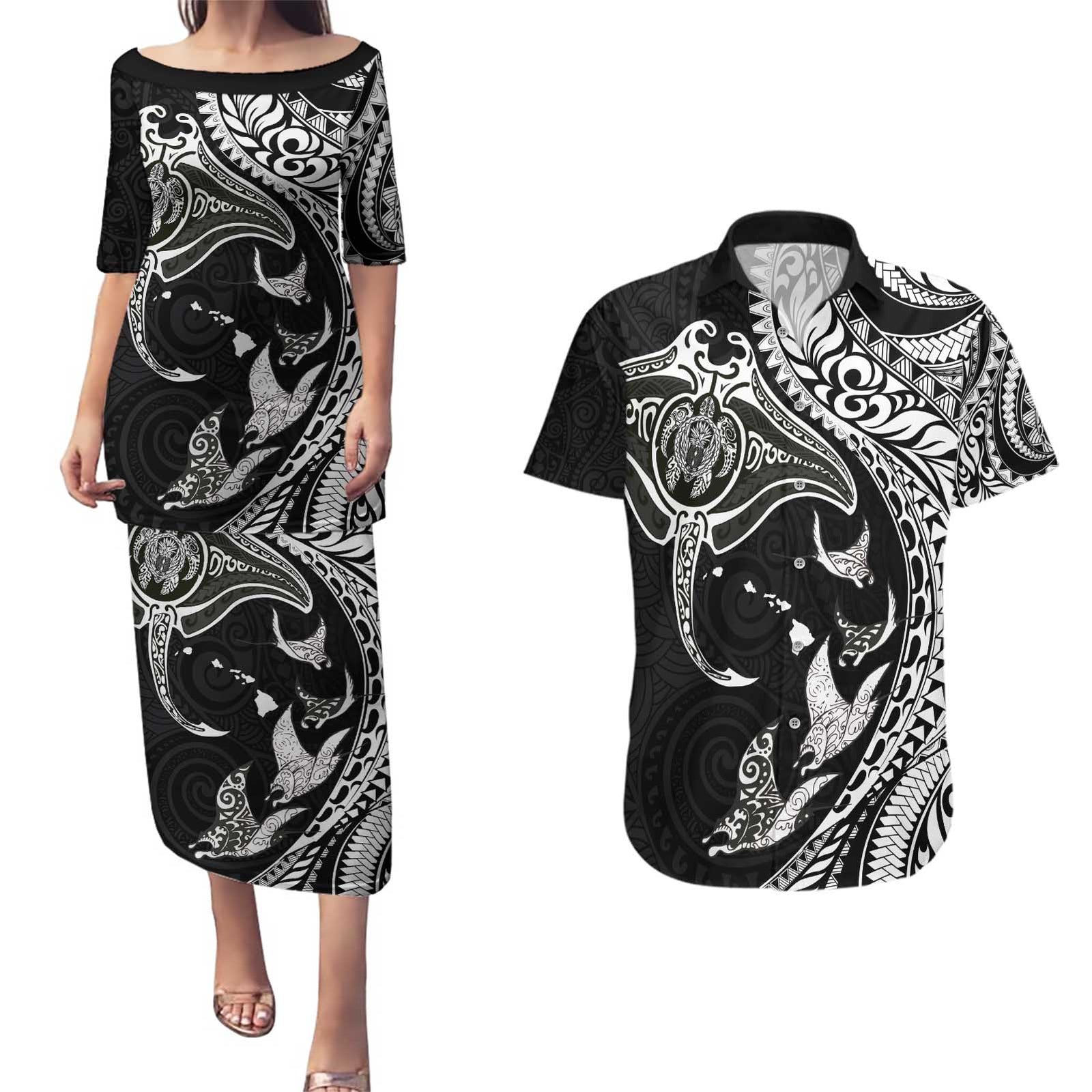 Hawaiian Manta Ray and Polynesian Tribal Tattoo Couples Matching Puletasi and Hawaiian Shirt Black Color LT03 Black - Polynesian Pride