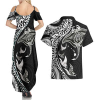 Hawaiian Manta Ray and Polynesian Tribal Tattoo Couples Matching Summer Maxi Dress and Hawaiian Shirt Black Color LT03 - Polynesian Pride