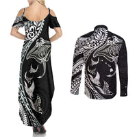 Hawaiian Manta Ray and Polynesian Tribal Tattoo Couples Matching Summer Maxi Dress and Long Sleeve Button Shirt Black Color LT03 - Polynesian Pride