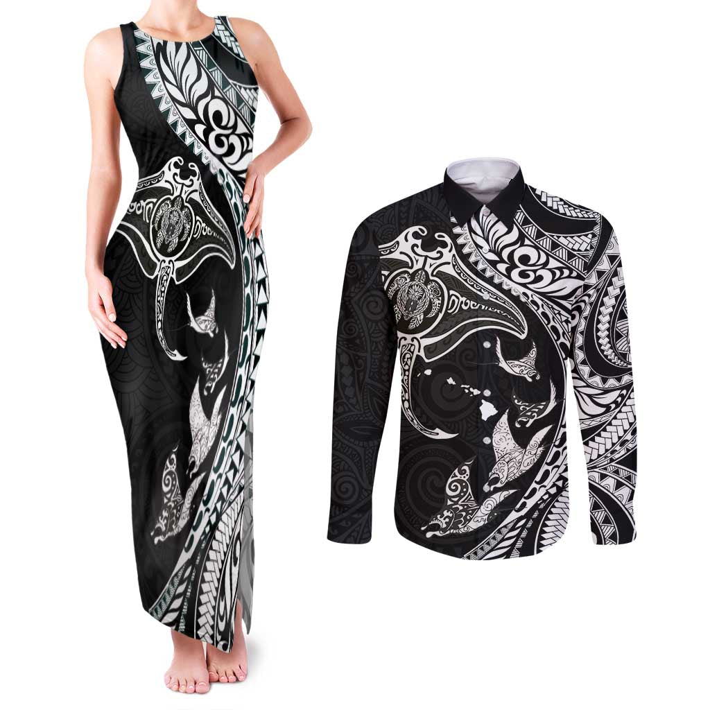 Hawaiian Manta Ray and Polynesian Tribal Tattoo Couples Matching Tank Maxi Dress and Long Sleeve Button Shirt Black Color LT03 Black - Polynesian Pride