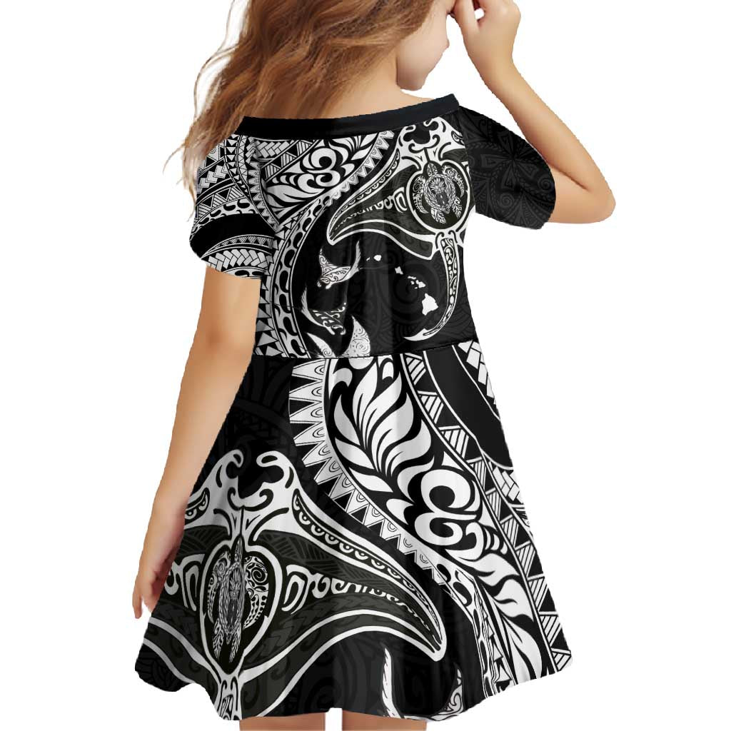 Hawaiian Manta Ray and Polynesian Tribal Tattoo Family Matching Long Sleeve Bodycon Dress and Hawaiian Shirt Black Color LT03