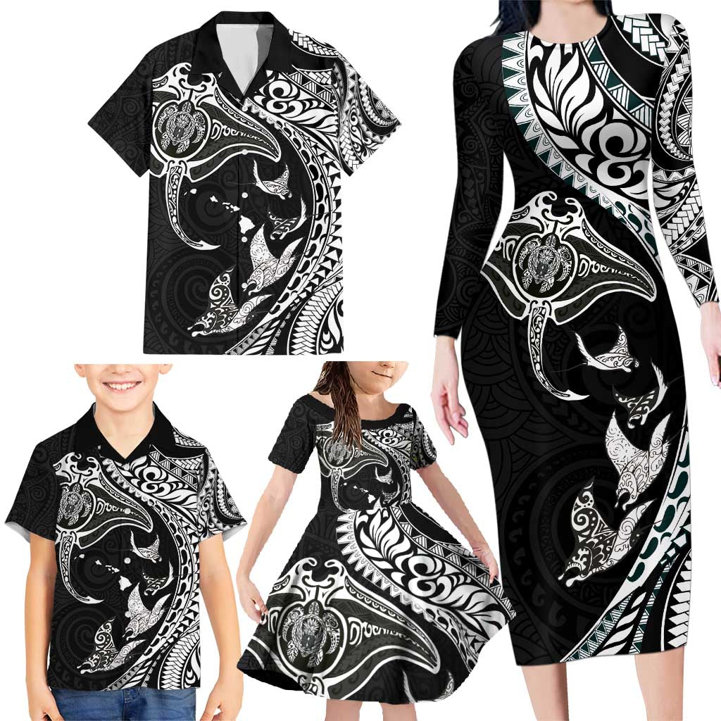 Hawaiian Manta Ray and Polynesian Tribal Tattoo Family Matching Long Sleeve Bodycon Dress and Hawaiian Shirt Black Color LT03