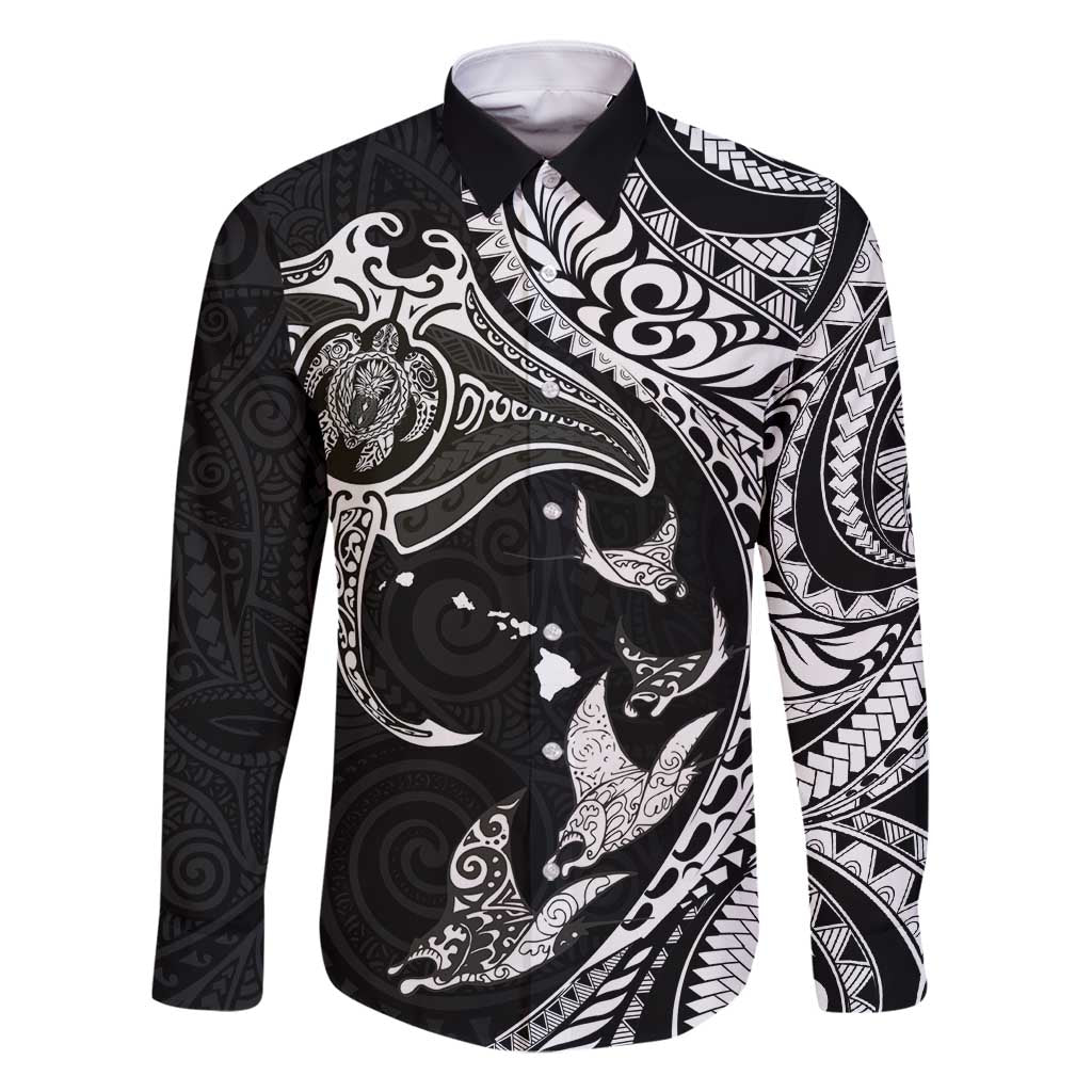 Hawaiian Manta Ray and Polynesian Tribal Tattoo Family Matching Mermaid Dress and Hawaiian Shirt Black Color LT03