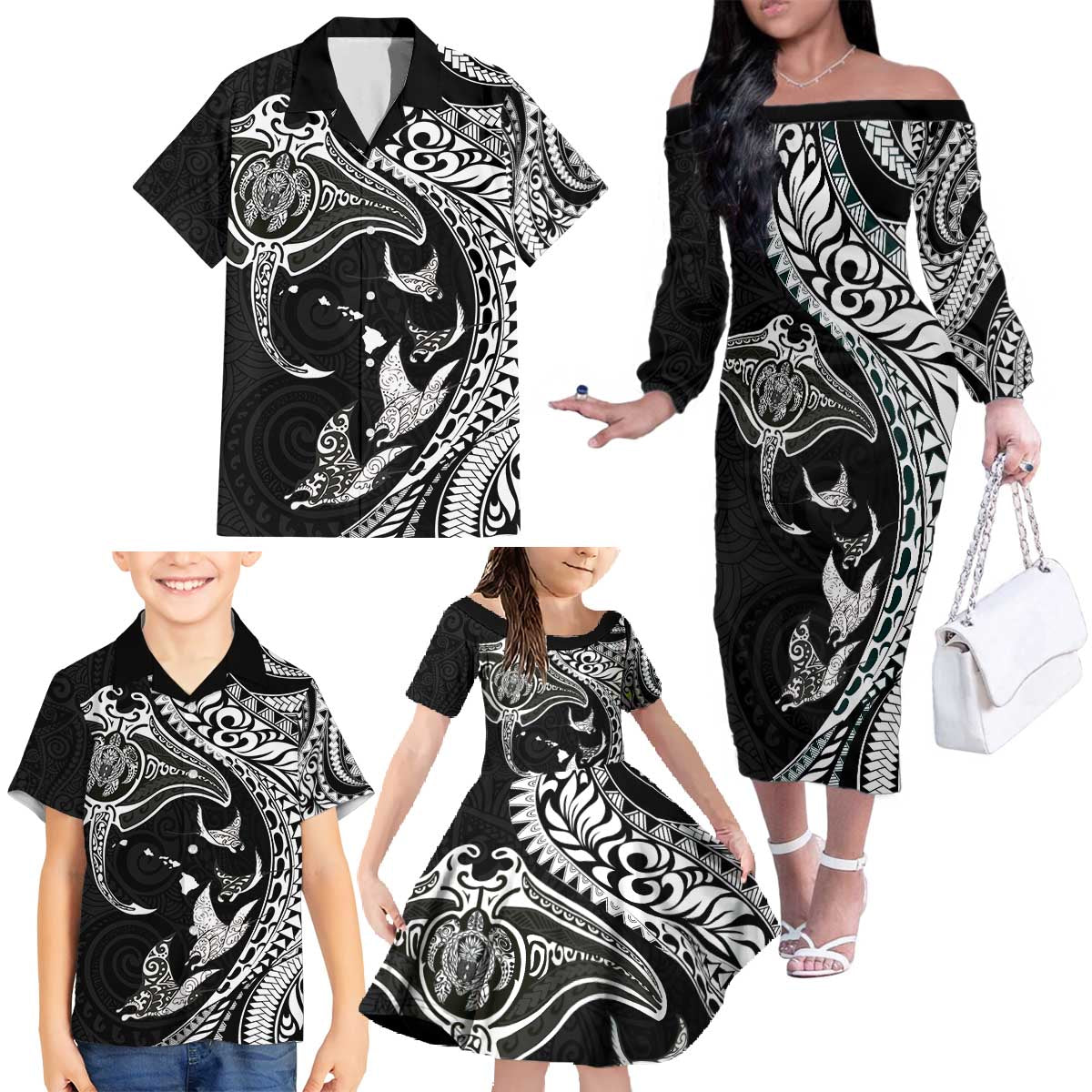 Hawaiian Manta Ray and Polynesian Tribal Tattoo Family Matching Off The Shoulder Long Sleeve Dress and Hawaiian Shirt Black Color LT03