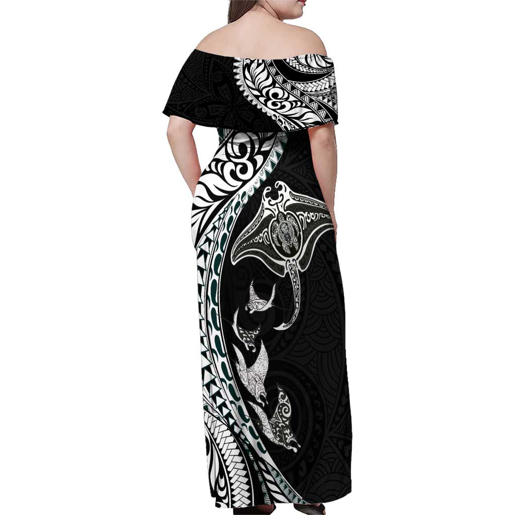Hawaiian Manta Ray and Polynesian Tribal Tattoo Family Matching Off Shoulder Maxi Dress and Hawaiian Shirt Black Color LT03