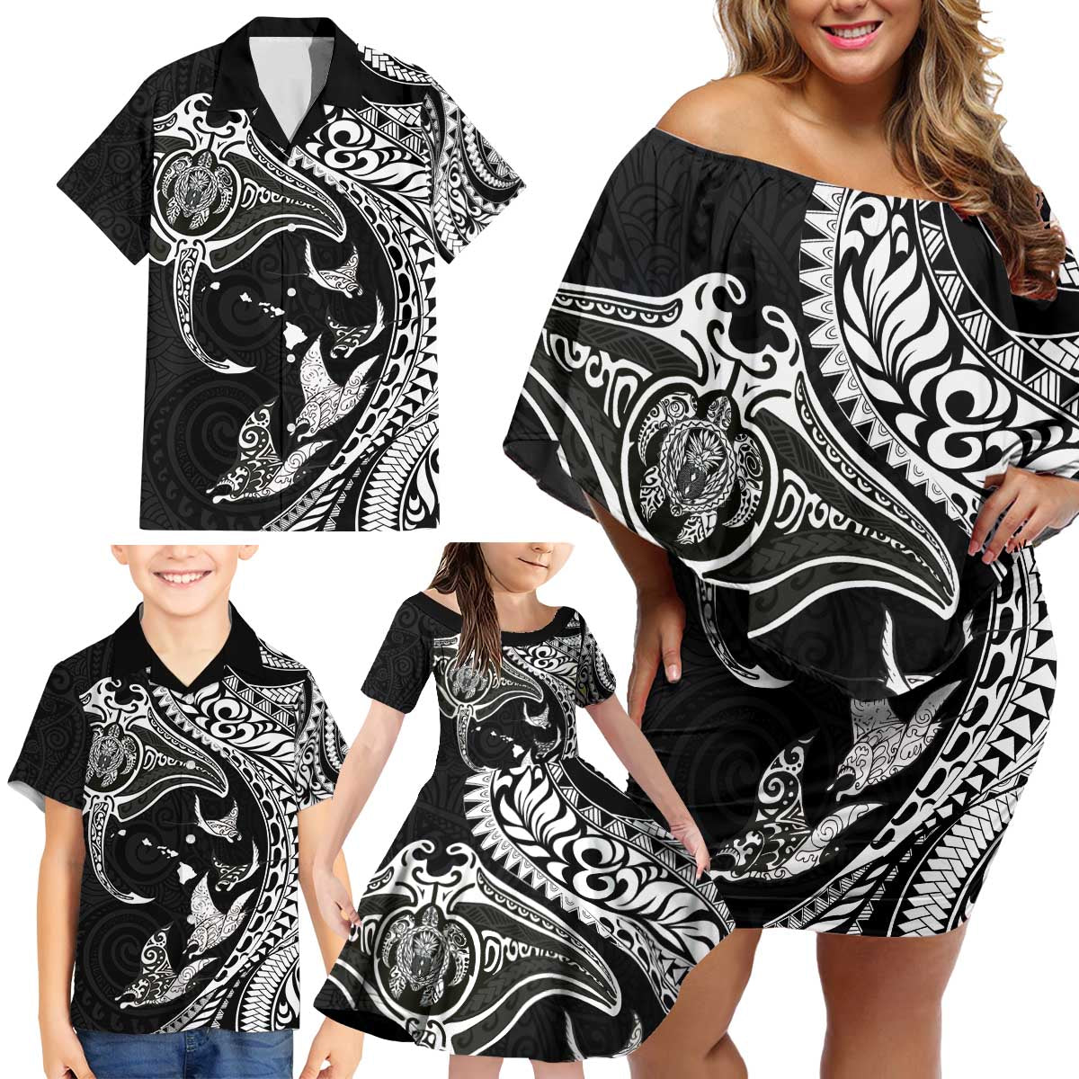 Hawaiian Manta Ray and Polynesian Tribal Tattoo Family Matching Off Shoulder Short Dress and Hawaiian Shirt Black Color LT03 - Polynesian Pride