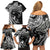 Hawaiian Manta Ray and Polynesian Tribal Tattoo Family Matching Off Shoulder Short Dress and Hawaiian Shirt Black Color LT03