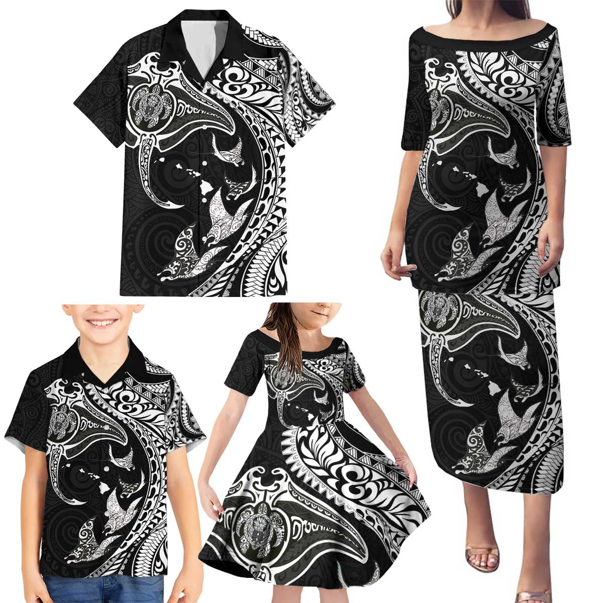Hawaiian Manta Ray and Polynesian Tribal Tattoo Family Matching Puletasi and Hawaiian Shirt Black Color LT03 - Polynesian Pride