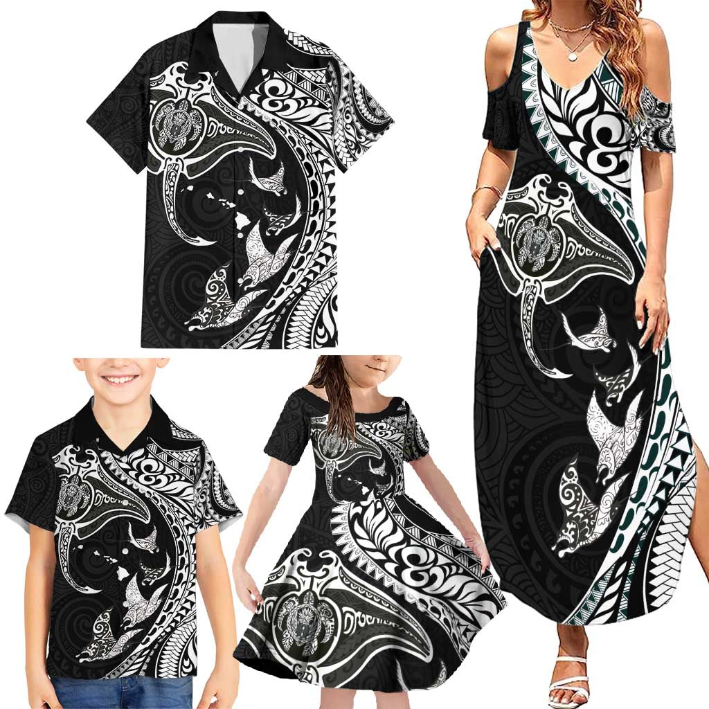 Hawaiian Manta Ray and Polynesian Tribal Tattoo Family Matching Summer Maxi Dress and Hawaiian Shirt Black Color LT03