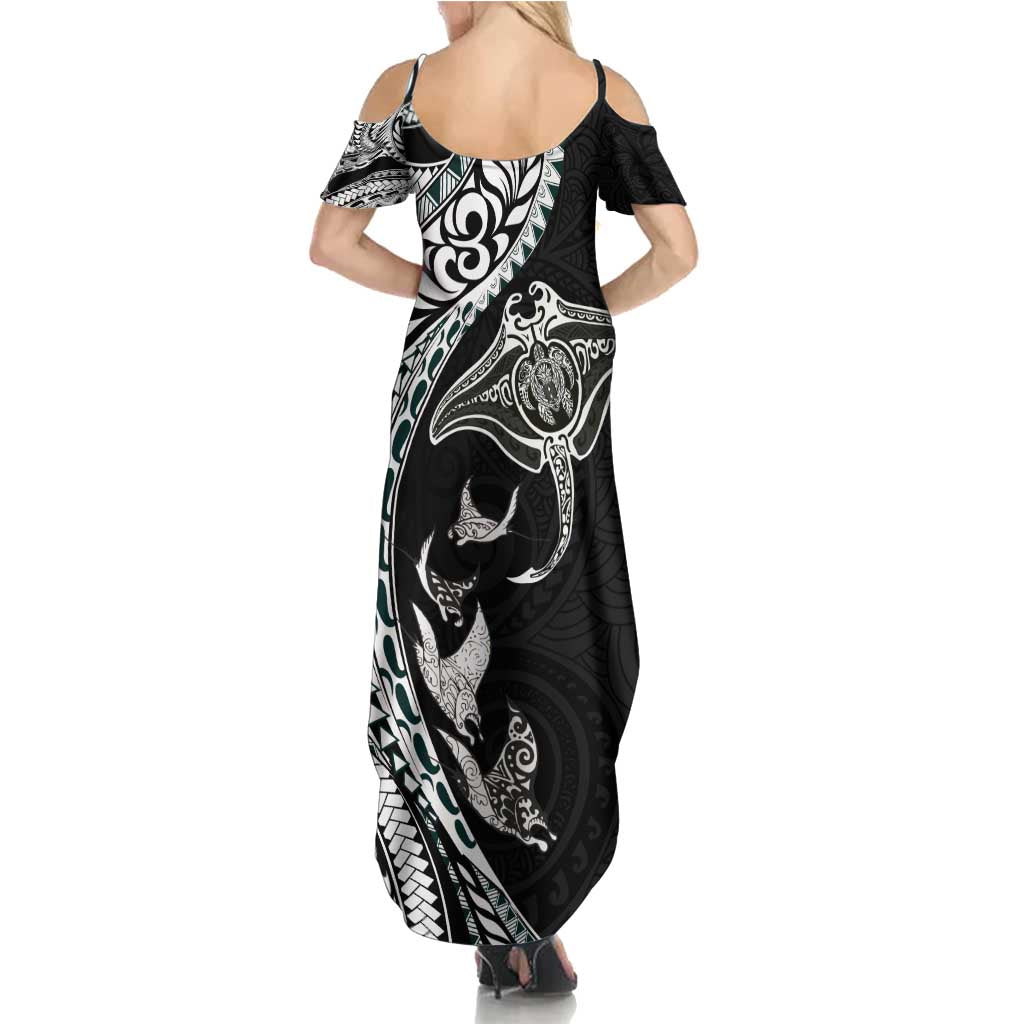 Hawaiian Manta Ray and Polynesian Tribal Tattoo Family Matching Summer Maxi Dress and Hawaiian Shirt Black Color LT03
