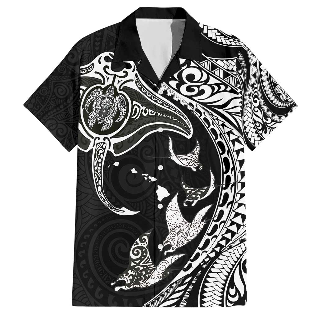 Hawaiian Manta Ray and Polynesian Tribal Tattoo Hawaiian Shirt Black Color LT03