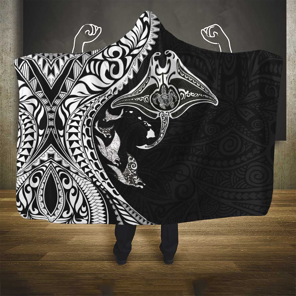 Hawaiian Manta Ray and Polynesian Tribal Tattoo Hooded Blanket Black Color LT03 - Polynesian Pride
